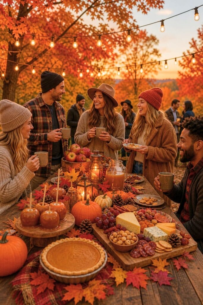 People enjoying a festive outdoor fall party around a wooden table decorated with pumpkins, autumn leaves, and seasonal foods under string lights and colorful fall trees.