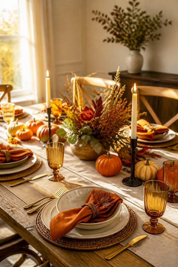 beautiful cozy fall tablescape in vibrant autumn colors, no people, golden hour lighting