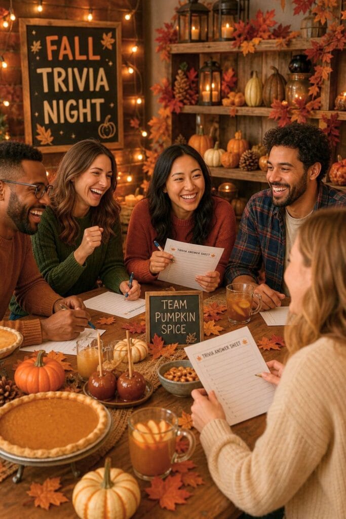 A group of adults gathered around a table enjoying a fall-themed trivia night with autumn decorations and seasonal snacks.