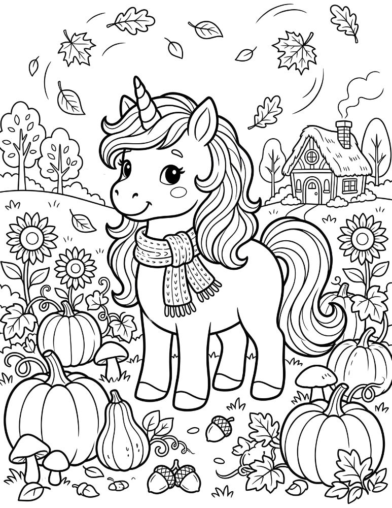 Cute unicorn standing in an autumn pumpkin patch surrounded by pumpkins, sunflowers, mushrooms, acorns, and falling leaves.
