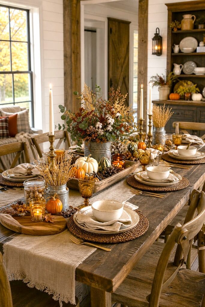 A rustic farmhouse dining table decorated with autumn foliage, pumpkins, candles, ceramic dishes, and warm neutral linens.