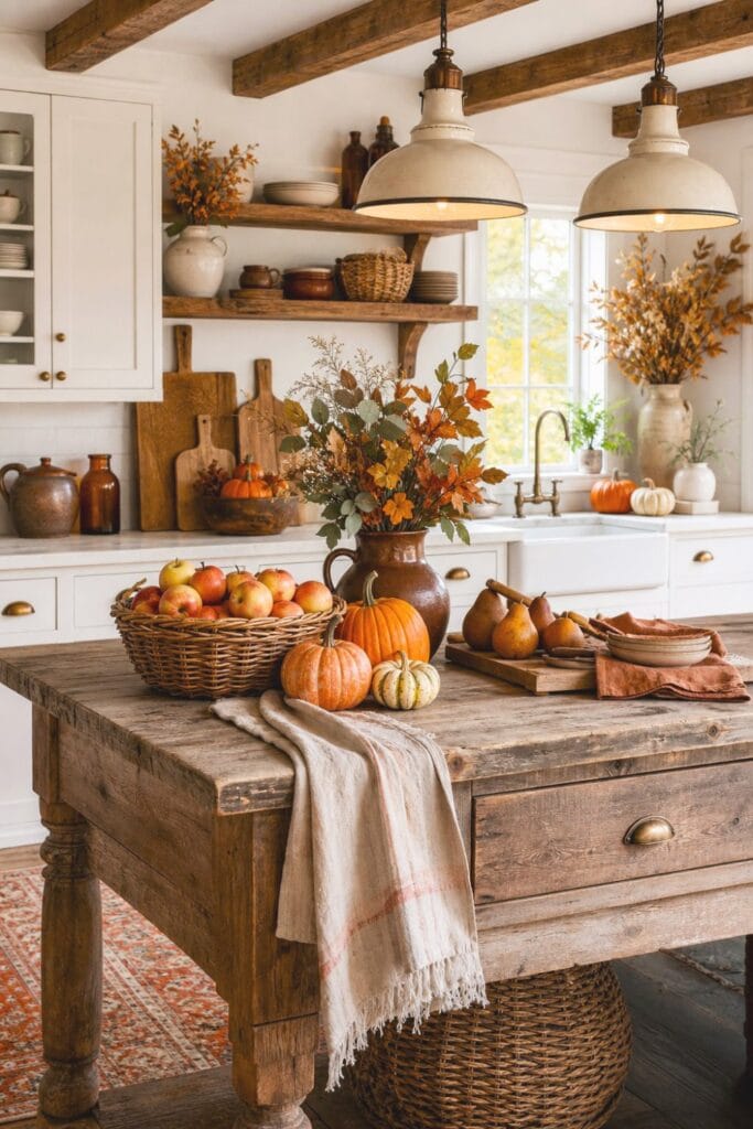15 Farmhouse Fall Kitchen Decor Ideas 1 A cozy farmhouse kitchen decorated with pumpkins, dried flowers, baskets, and warm autumn accents.