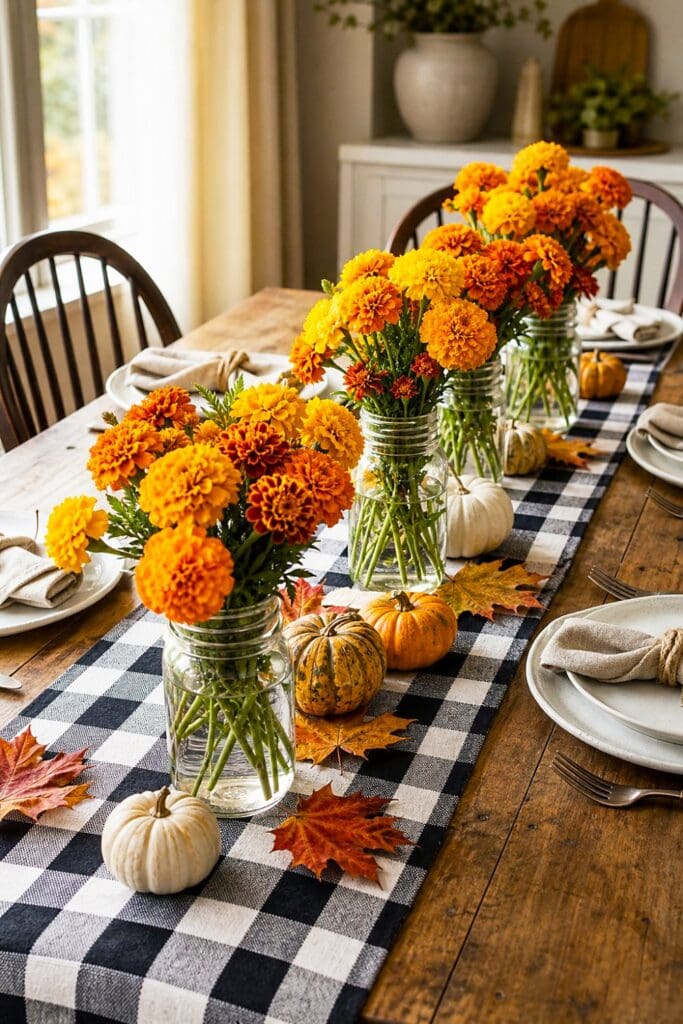 A rustic dining table with a black-and-white gingham runner and mason jars filled with yellow and orange marigolds.