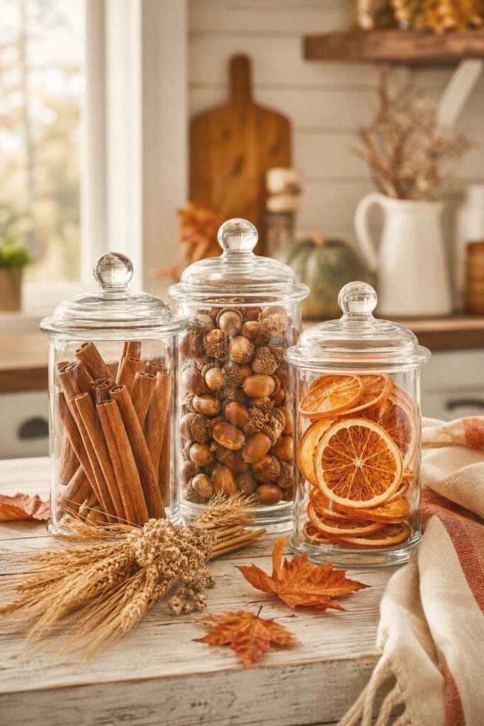 15 Farmhouse Fall Kitchen Decor Ideas 12 Clear apothecary jars filled with cinnamon sticks, acorns, and dried orange slices on a farmhouse kitchen counter.