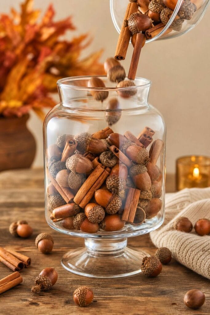 A clear apothecary jar filled with acorns and cinnamon sticks on a wooden table.