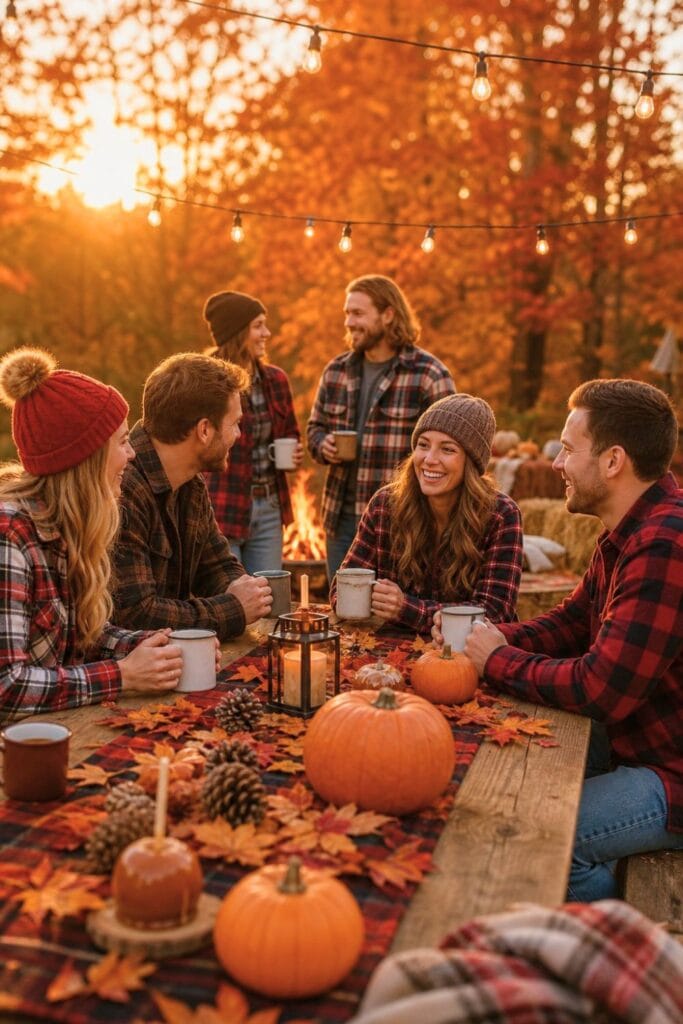 People wearing flannel shirts gathered around a decorated outdoor table with pumpkins and fall leaves, enjoying drinks near a fire pit surrounded by colorful autumn trees.