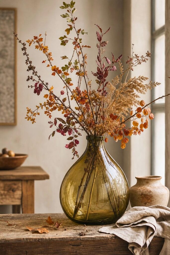 A vintage glass demijohn filled with autumn branches and dried foliage on a wooden table.