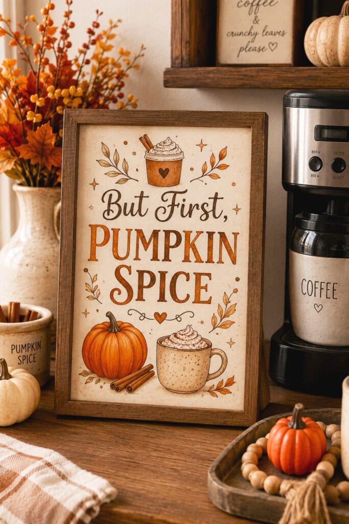A framed blank fall-themed menu stands beside a pumpkin spice latte on a decorated coffee bar.