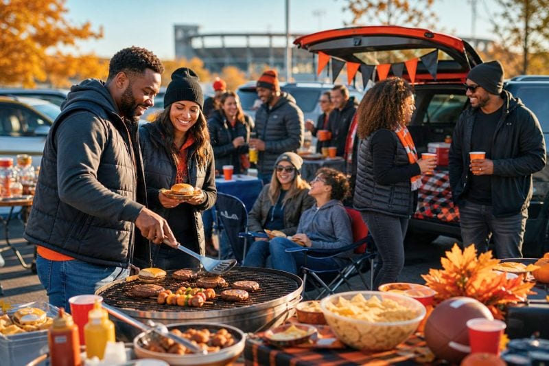 Adults and families gather outdoors for a festive football tailgate with grilled food, drinks, decorations, and seasonal autumn touches.