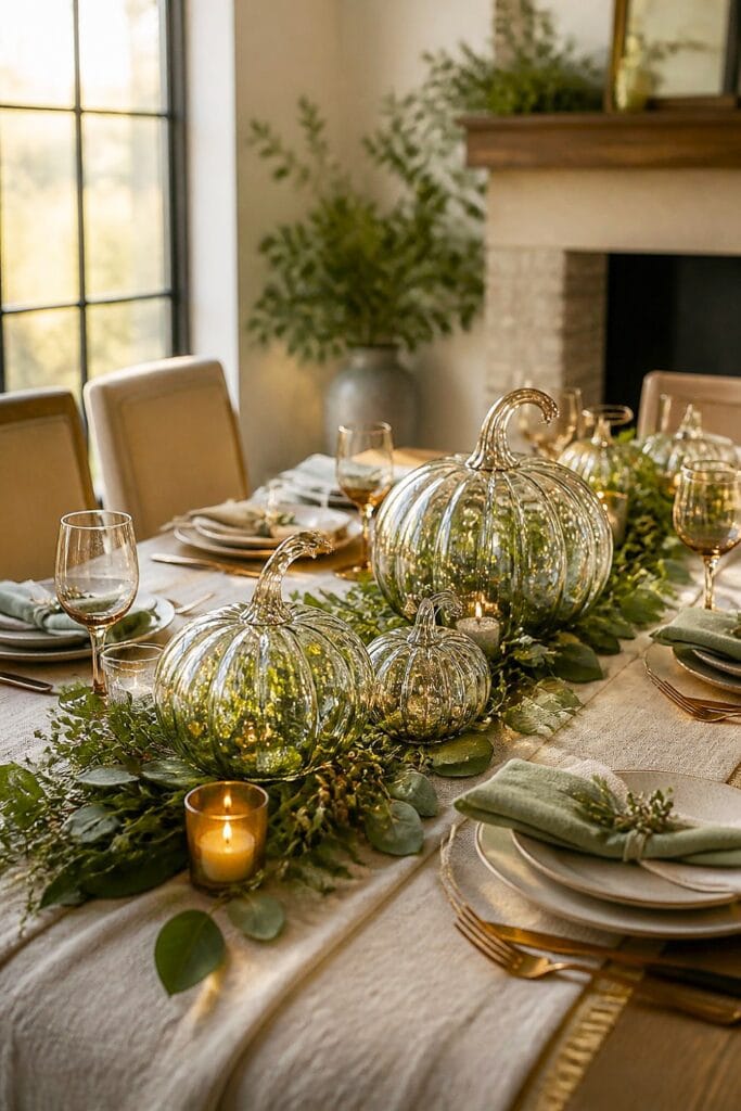 Glass pumpkins surrounded by fresh green branches on an elegant autumn dining table.