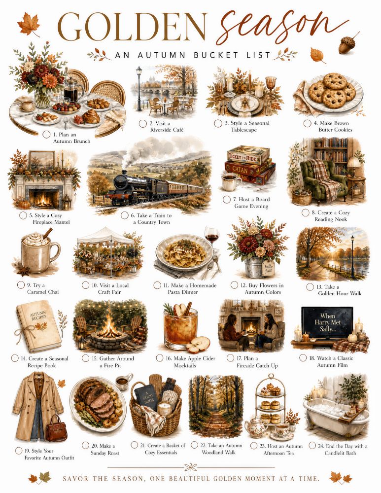 Golden Season autumn bucket list with 24 cozy fall activities, including an autumn brunch, riverside café, seasonal tablescape, fireplace mantel, country train ride, cozy reading nook, golden hour walk, fire pit, apple cider mocktails, woodland walk, afternoon tea, and candlelit bath.