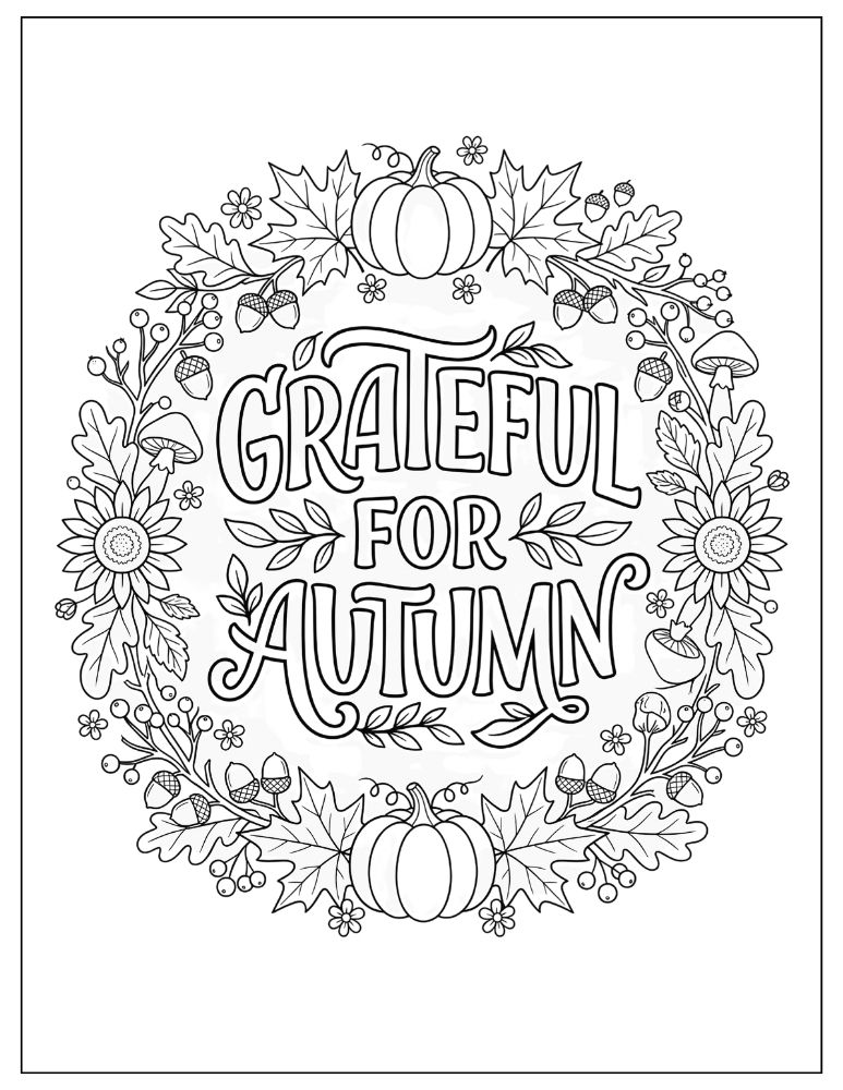 Decorative Grateful for Autumn lettering surrounded by pumpkins, maple leaves, sunflowers, berries, mushrooms, and autumn flowers.
