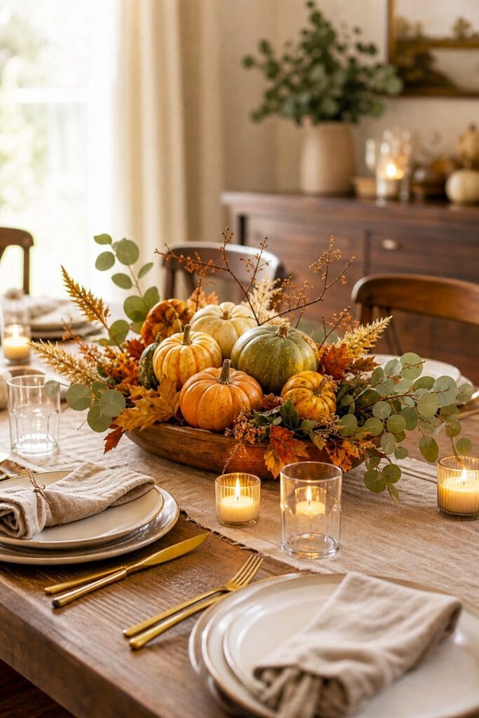 A warmly set dining table with a low centerpiece of pumpkins, autumn leaves, greenery, and candles.