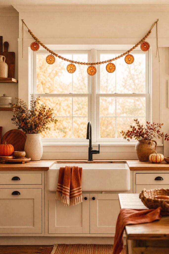 15 Farmhouse Fall Kitchen Decor Ideas 15 A farmhouse kitchen window decorated with a garland of wooden beads and dried orange slices.
