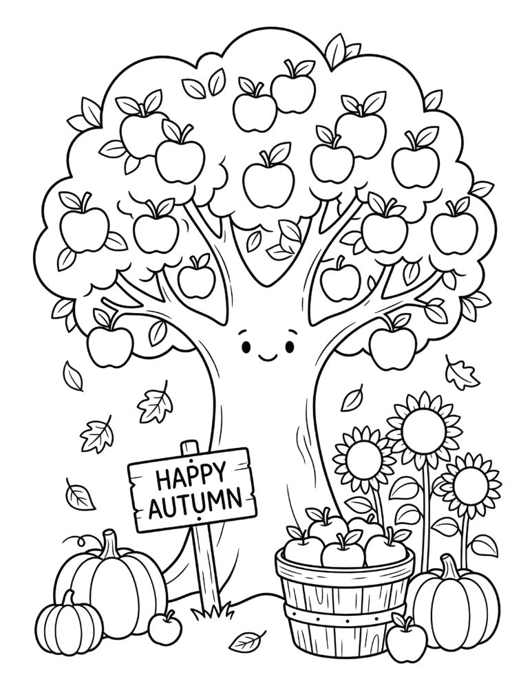 Autumn apple orchard with a large apple tree, basket of apples, pumpkins, sunflowers, and falling leaves.