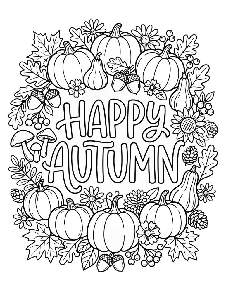 Fall coloring page featuring the words Happy Autumn surrounded by pumpkins, leaves, acorns, mushrooms, pinecones, and autumn flowers.