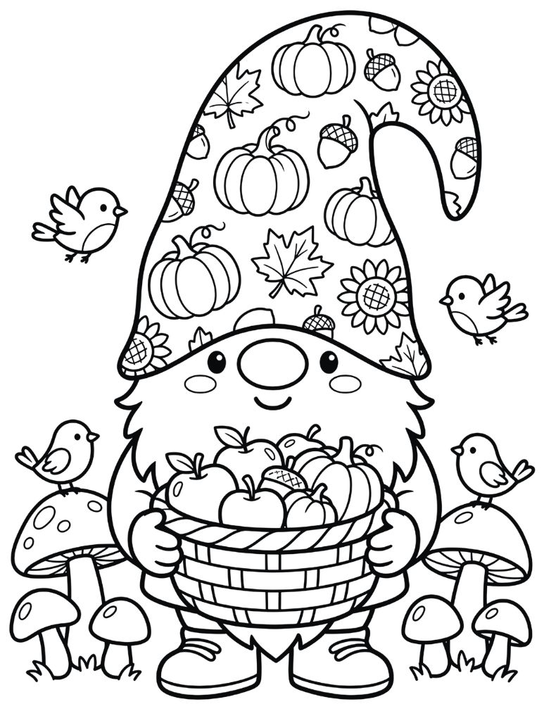 Cute fall gnome with a pumpkin hat holding a harvest basket filled with apples and pumpkins.