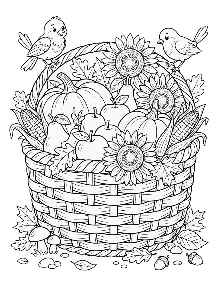 Harvest basket overflowing with pumpkins, apples, corn, pears, and autumn leaves.