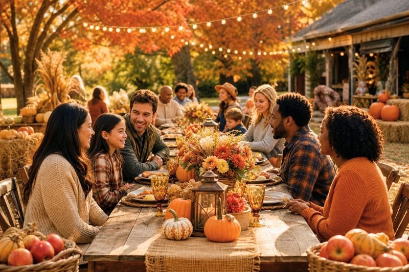 People celebrating a harvest festival around a table of autumn food and decorations outdoors.