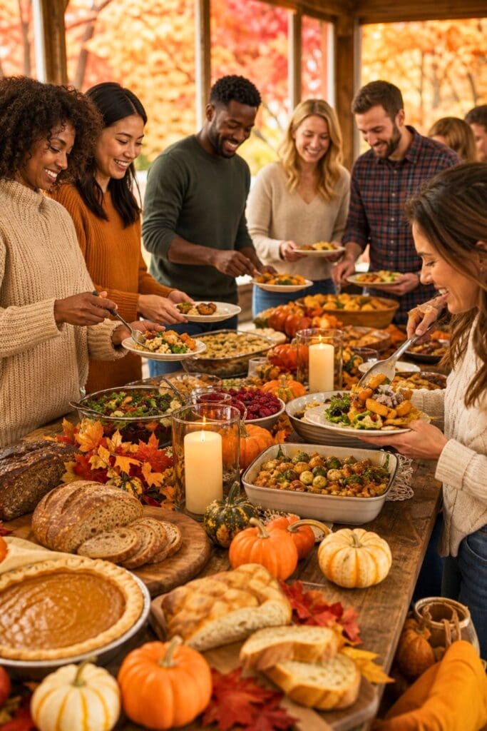 People enjoying a fall harvest potluck dinner around a decorated wooden table with seasonal dishes and autumn decorations.