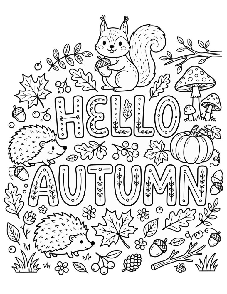 Cute woodland autumn scene with Hello Autumn lettering, a squirrel, hedgehog, pumpkins, mushrooms, acorns, and falling leaves.
