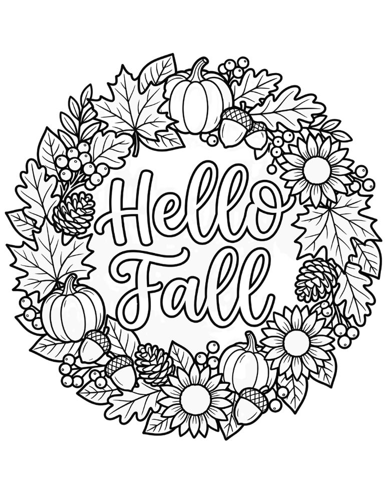 Beautiful autumn wreath with pumpkins, maple leaves, pinecones, and the words Hello Fall.