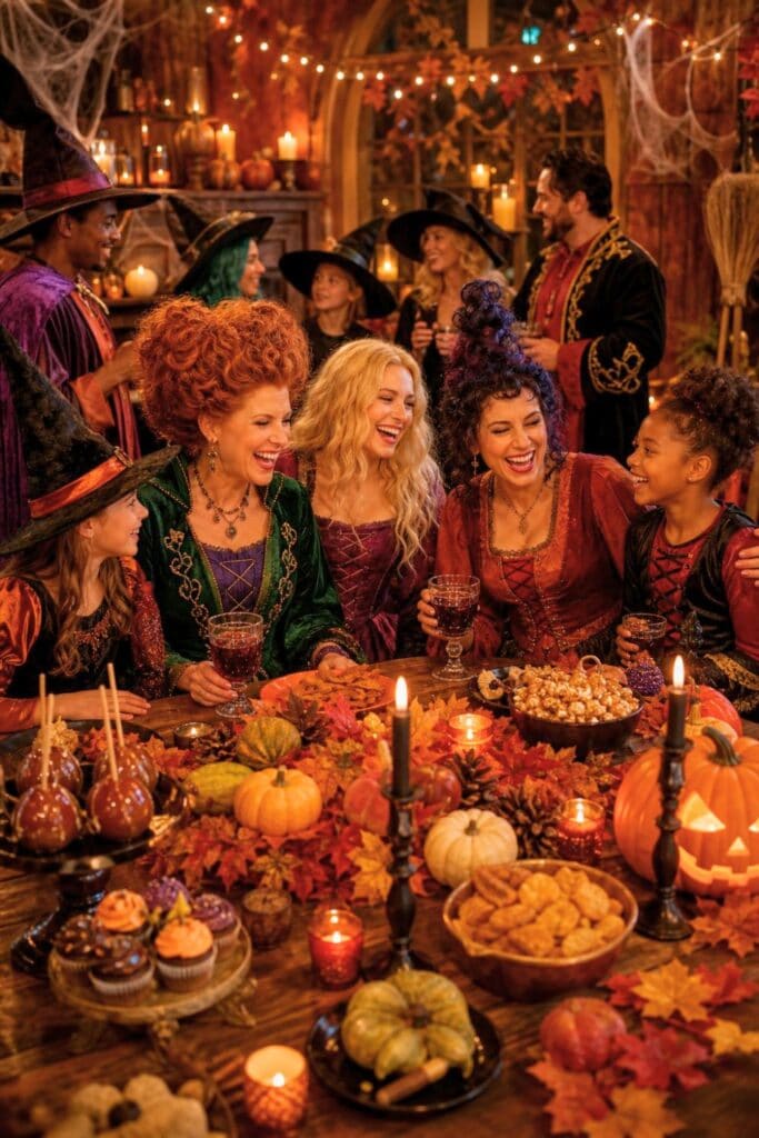 A group of people in Halloween costumes enjoying a festive fall party indoors with pumpkins, candles, and autumn decorations.