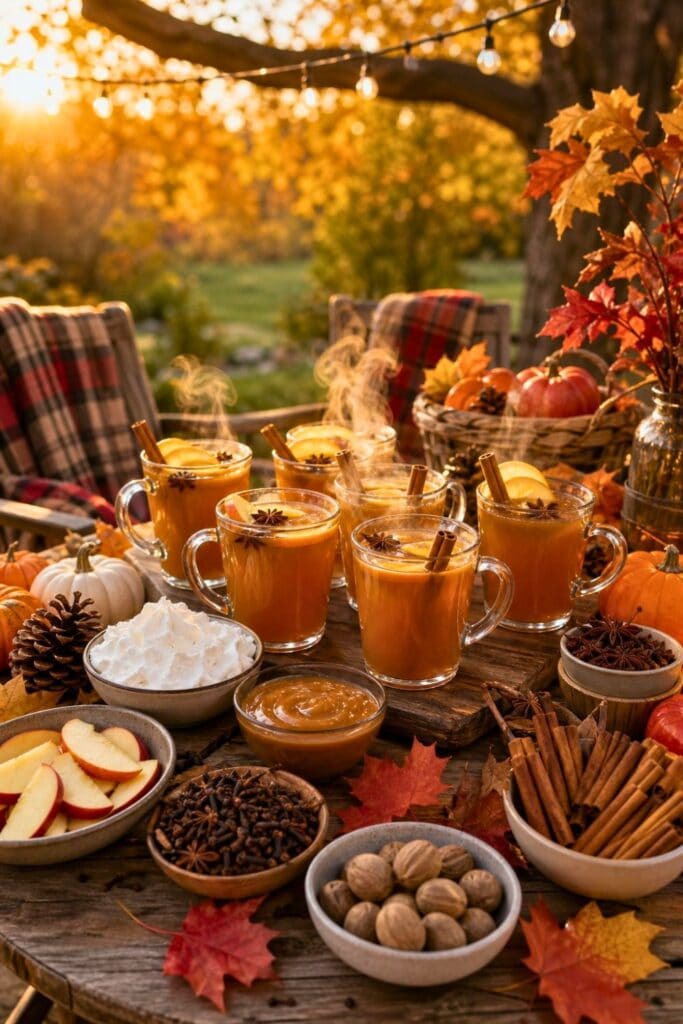 Outdoor fall party table with mugs of hot apple cider, cinnamon sticks, pumpkins, and autumn decorations.
