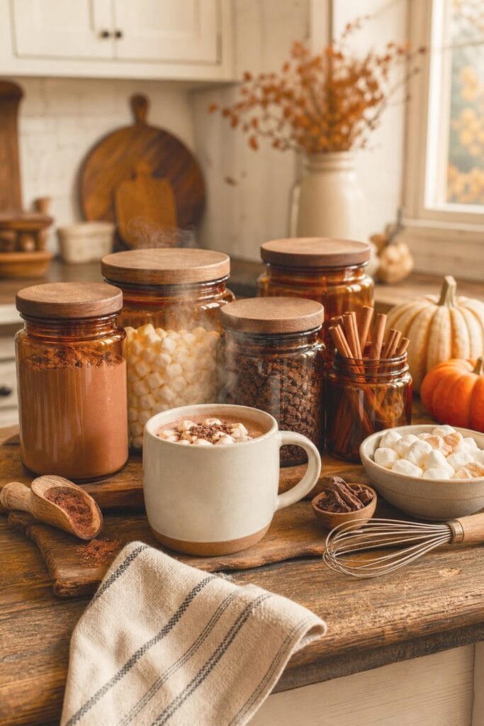 15 Farmhouse Fall Kitchen Decor Ideas 10 A farmhouse kitchen countertop displays an amber jar hot cocoa station with mugs, marshmallows, toppings, and autumn decorations.