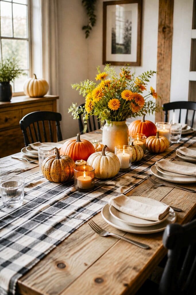 A rustic dining table decorated with pumpkins, autumn leaves, candles, and neutral tableware.