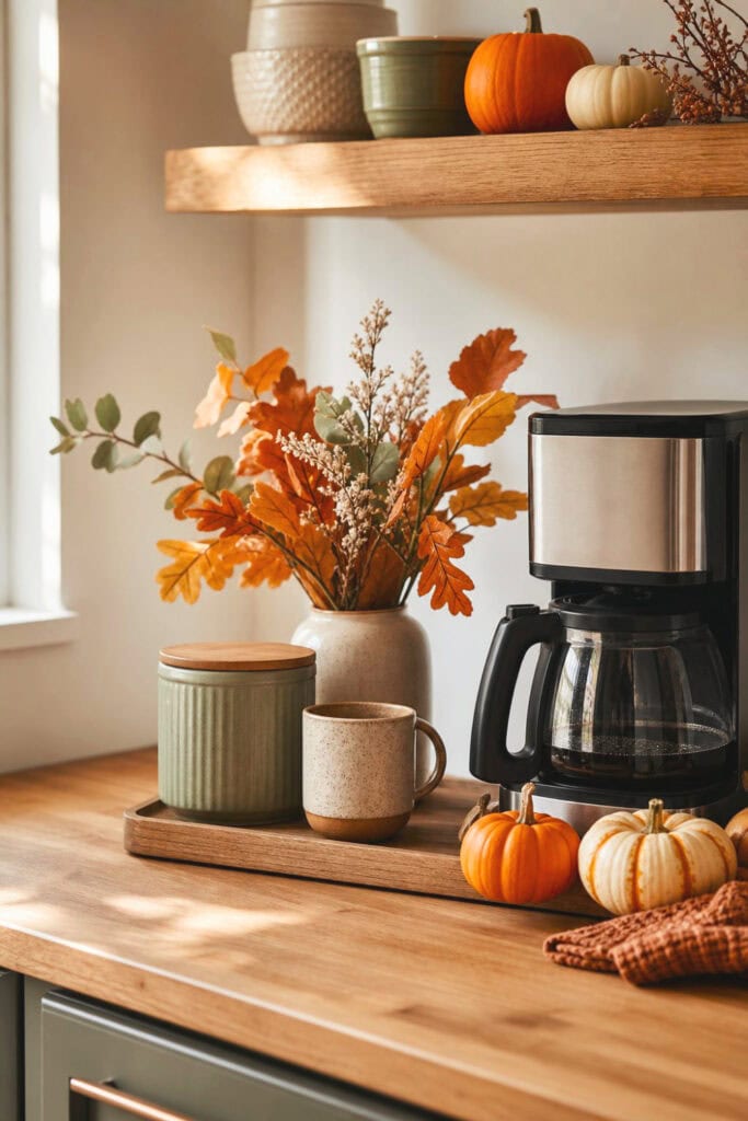A tidy fall-themed coffee station with a coffee maker, mug, canister, dried leaves, and small pumpkins.