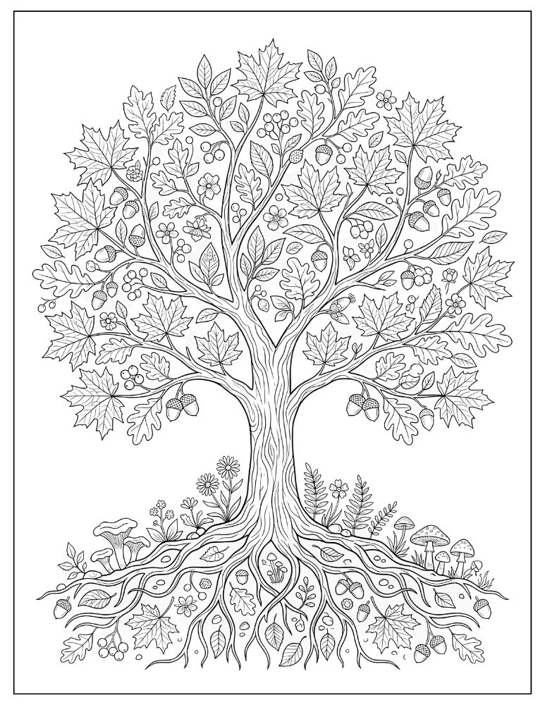 Detailed autumn Tree of Life with branches covered in leaves, berries, acorns, and flowers above roots decorated with mushrooms and fallen leaves.