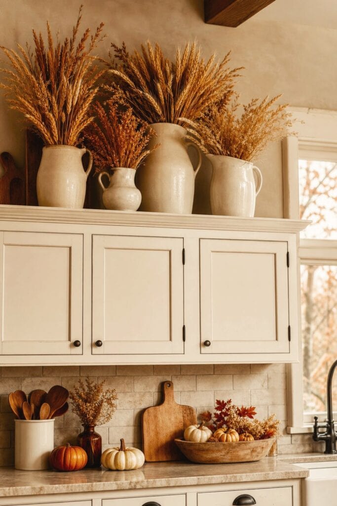 15 Farmhouse Fall Kitchen Decor Ideas 6 Ironstone pitchers filled with dried wheat sit on top of white kitchen cabinets.