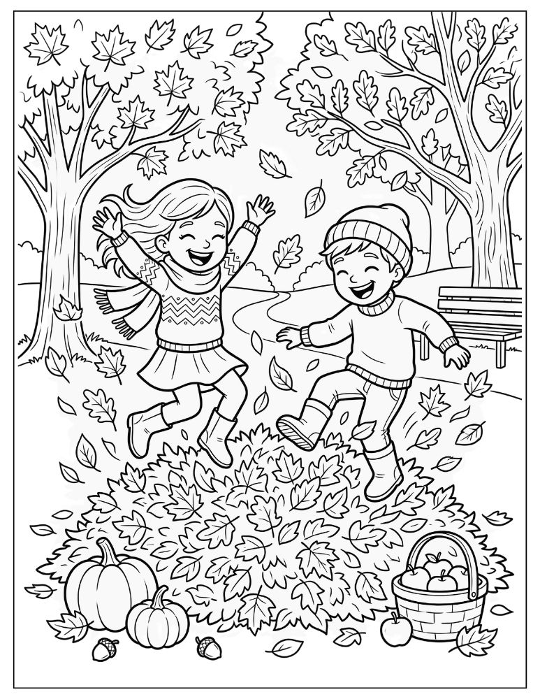 Two children jumping into a giant pile of autumn leaves surrounded by pumpkins, acorns, and fall trees.