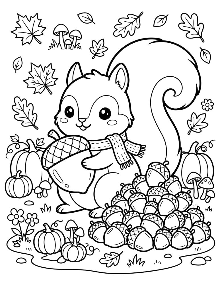 Cute squirrel holding an acorn beside a pile of acorns surrounded by pumpkins, mushrooms, and autumn leaves.