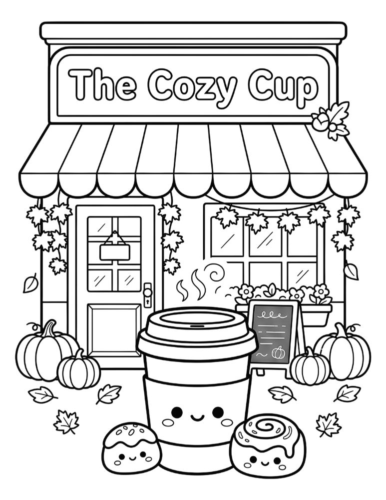 Cute fall coffee shop decorated with pumpkins and autumn leaves with an adorable coffee cup and pastry.
