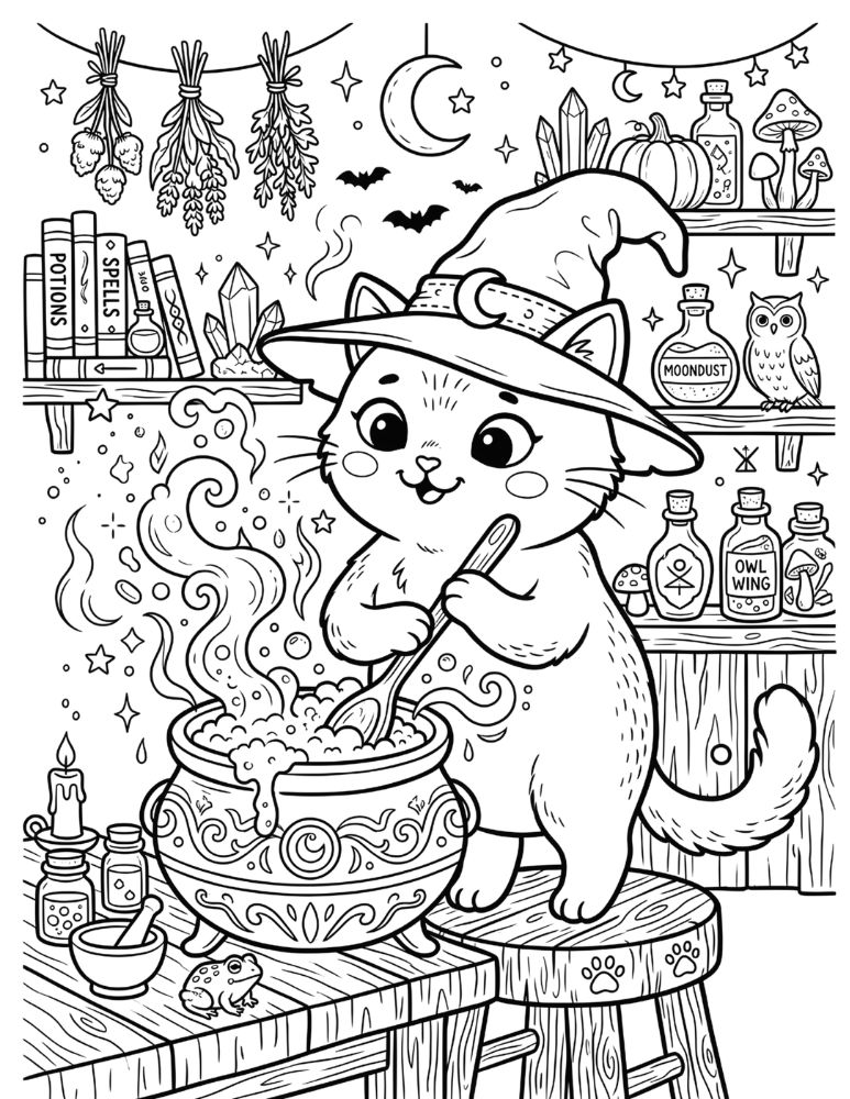 Cute witch cat wearing a pointed hat and mixing a bubbling potion surrounded by books, bottles, crystals, pumpkins, and mushrooms