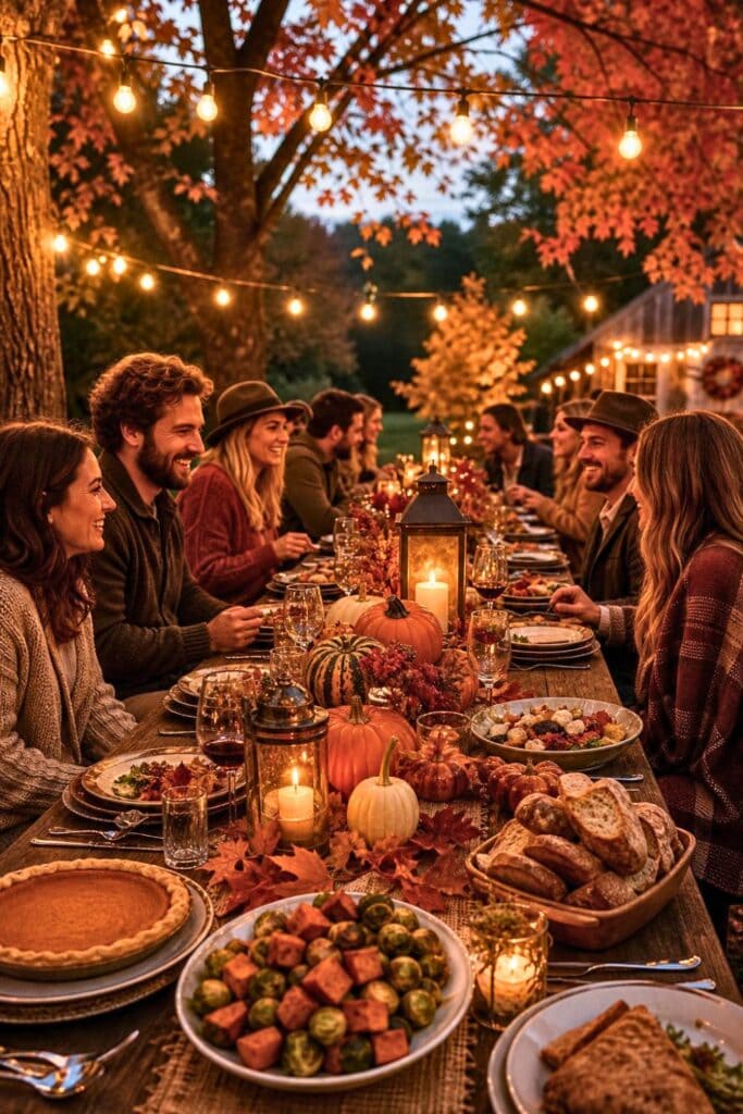 An outdoor dinner table lit by lanterns surrounded by autumn decorations and people enjoying a fall harvest meal.