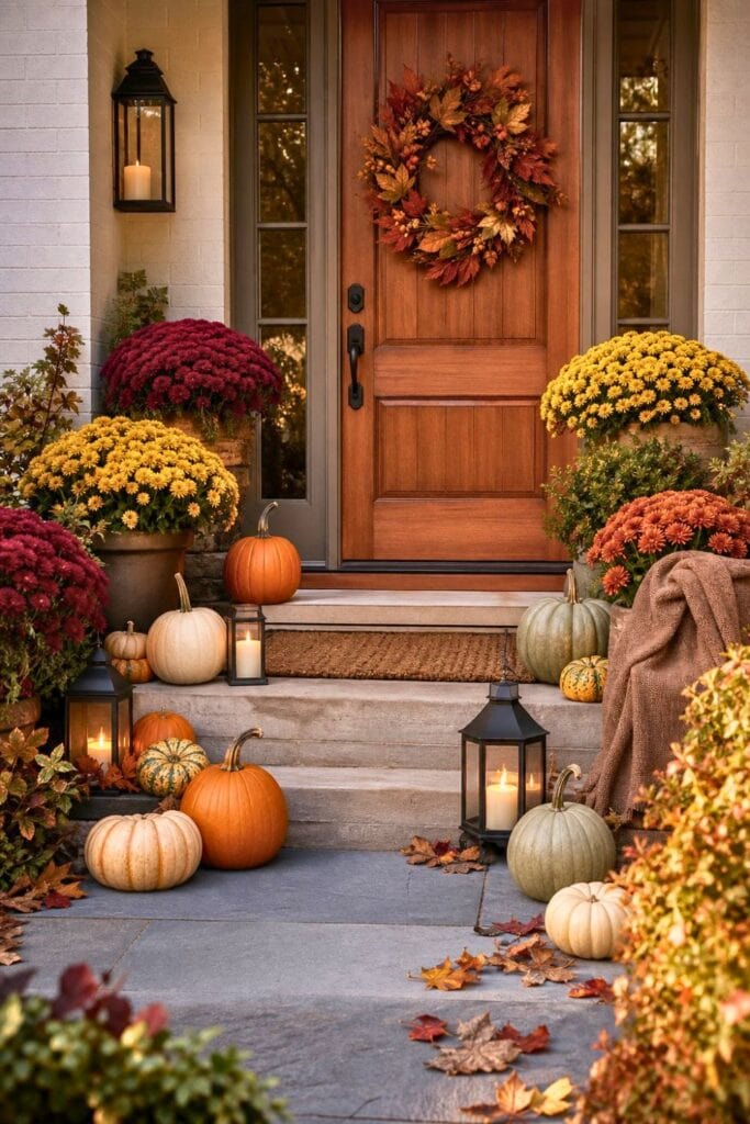 A welcoming fall front porch decorated with chrysanthemums, glowing lanterns, and assorted real pumpkins.