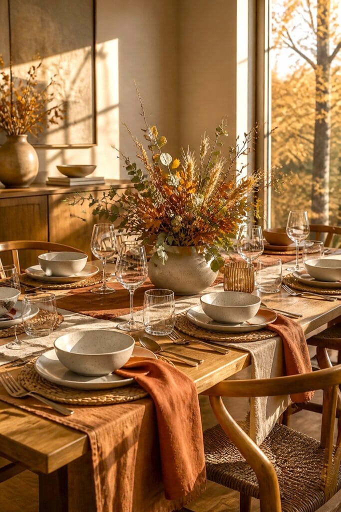 An autumn dining table layered with warm linens, woven placemats, natural textures, and seasonal foliage.