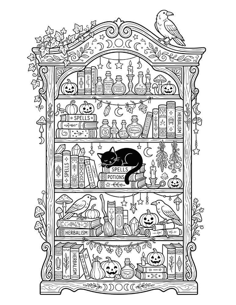 Enchanted bookshelf filled with spell books, potion bottles, pumpkins, candles, crystals, mushrooms, herbs, and a sleeping black cat