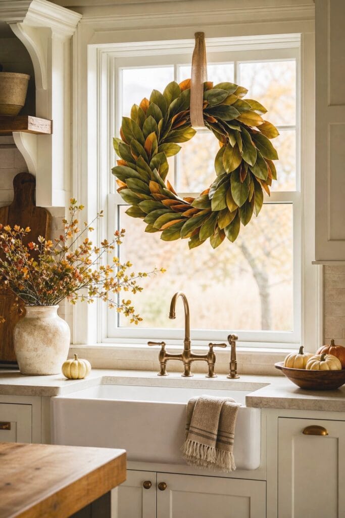15 Farmhouse Fall Kitchen Decor Ideas 5 A magnolia leaf wreath hangs in a bright farmhouse kitchen window.
