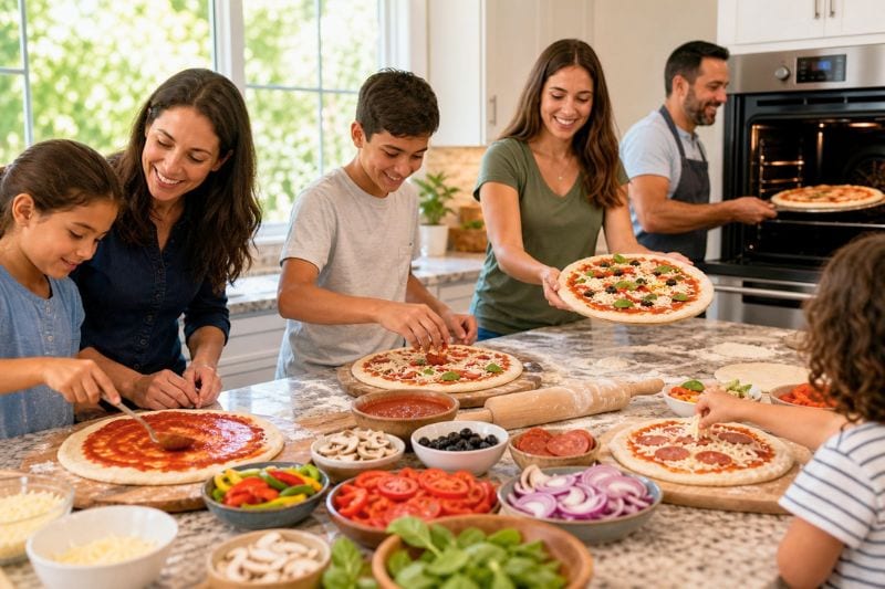 Adults and children prepare personalized pizzas together around a kitchen island.