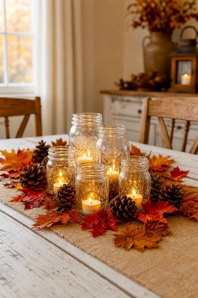Mason jar candles surrounded by pinecones and autumn leaves on a farmhouse dining table.