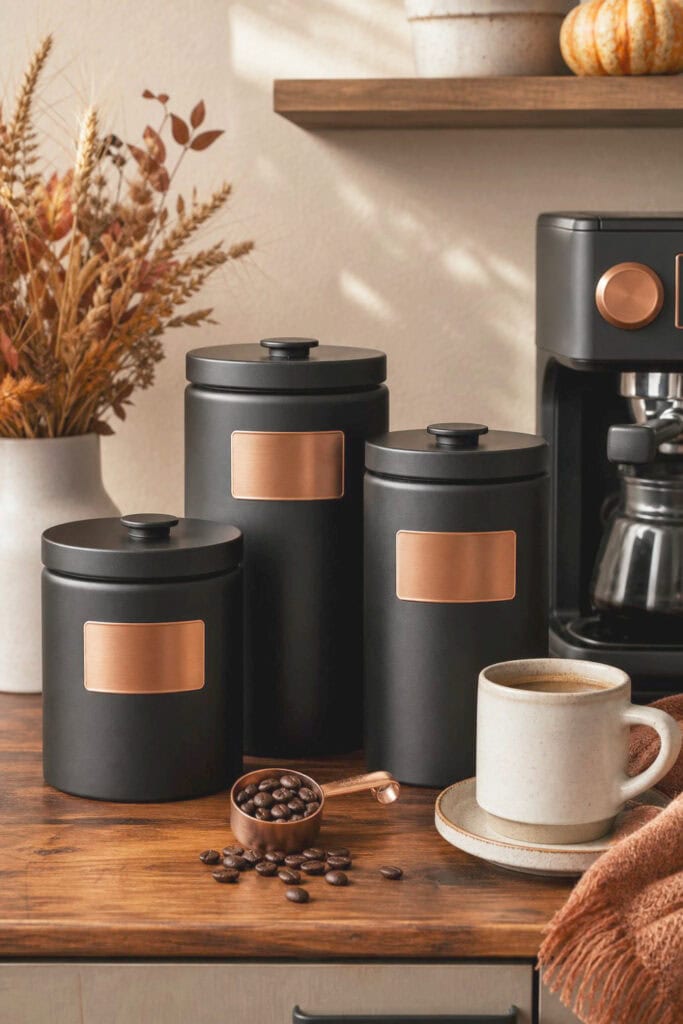 Matte black coffee canisters with blank copper labels arranged on a fall-themed coffee bar.