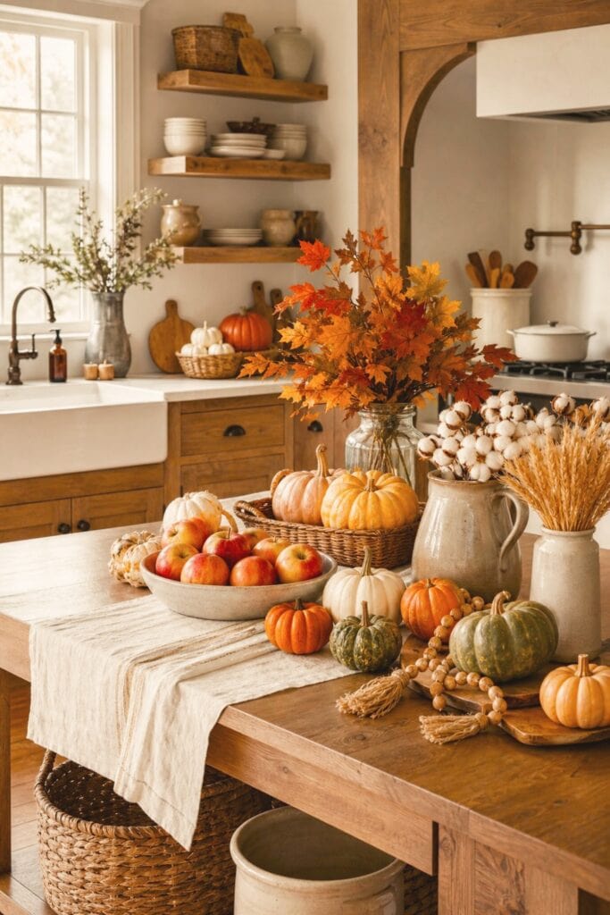 15 Farmhouse Fall Kitchen Decor Ideas 16 A farmhouse kitchen decorated with pumpkins, autumn leaves, dried wheat, and woven baskets.