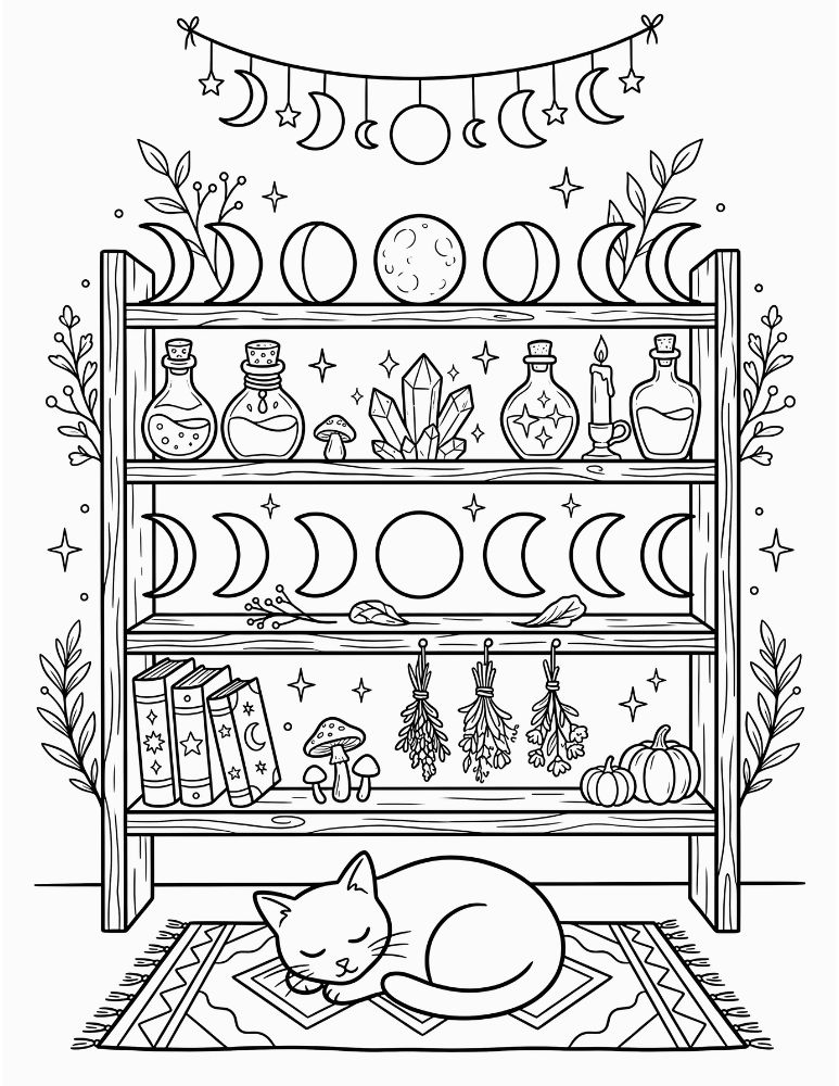Witchy wooden shelf displaying moon phases with crystals, candles, potion bottles, spell books, pumpkins, mushrooms, and a sleeping black cat