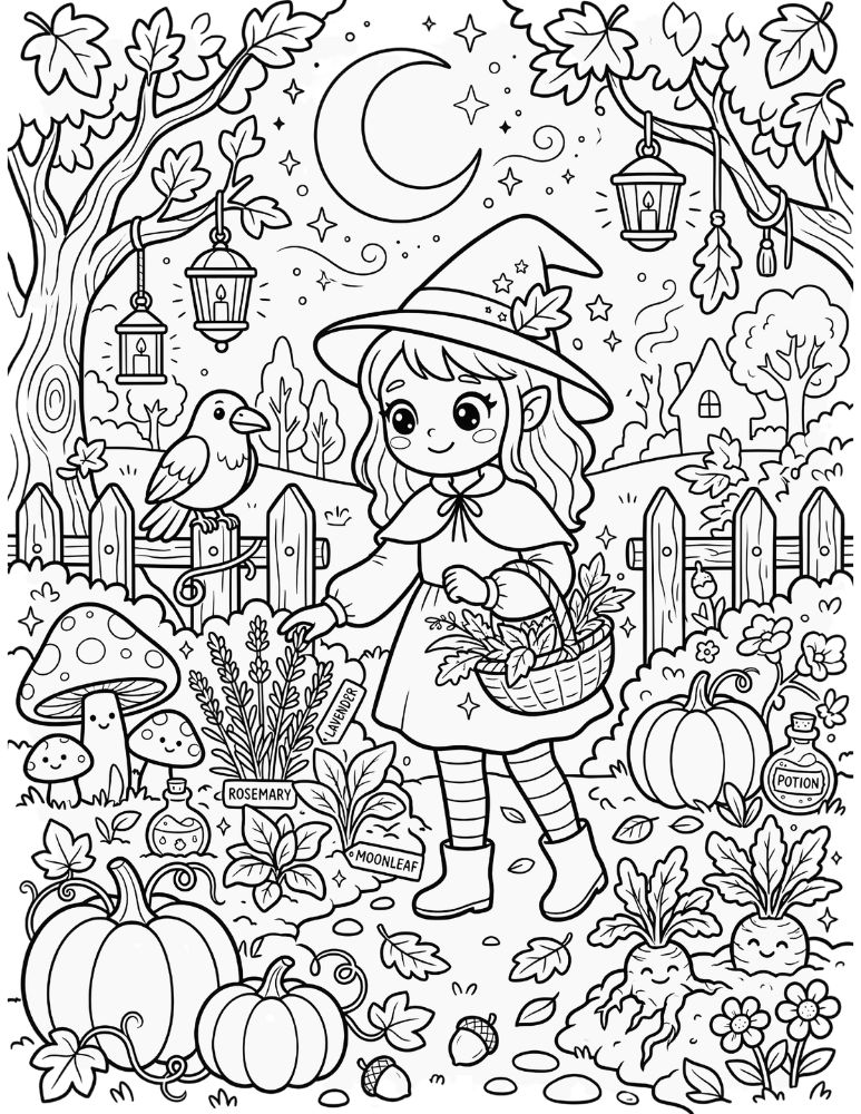 Cute witch harvesting magical herbs in an enchanted autumn garden beneath a crescent moon