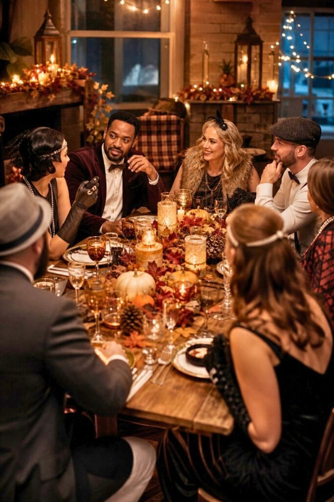 A group of adults enjoying a fall-themed dinner party around a decorated table with pumpkins, candles, and autumn leaves indoors.