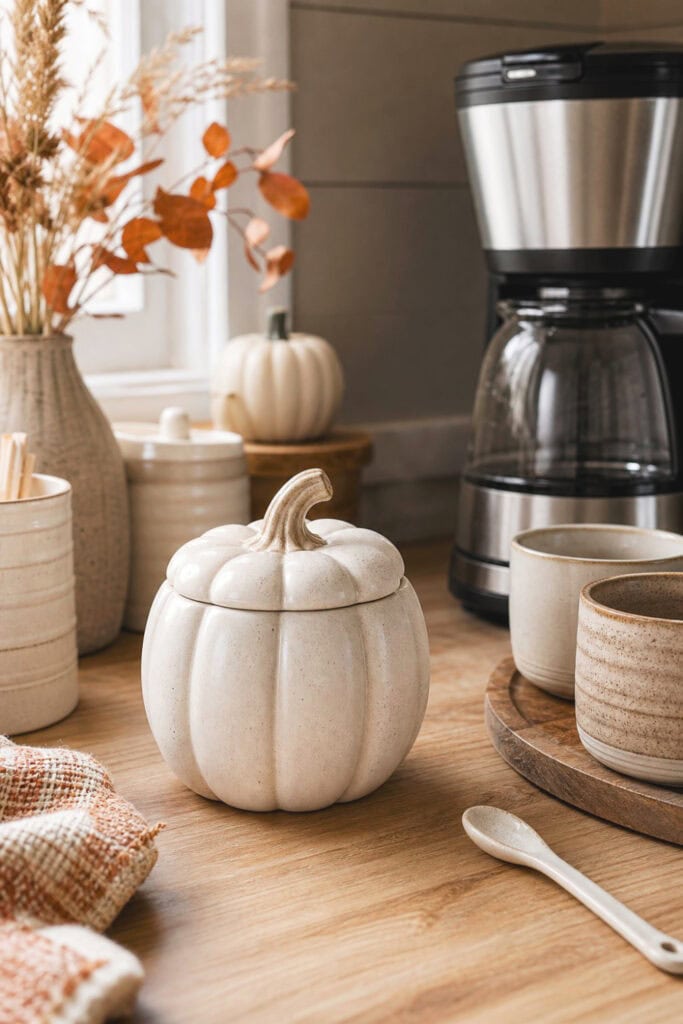 A neutral ceramic pumpkin-shaped sugar bowl sits on a warmly decorated fall coffee bar.